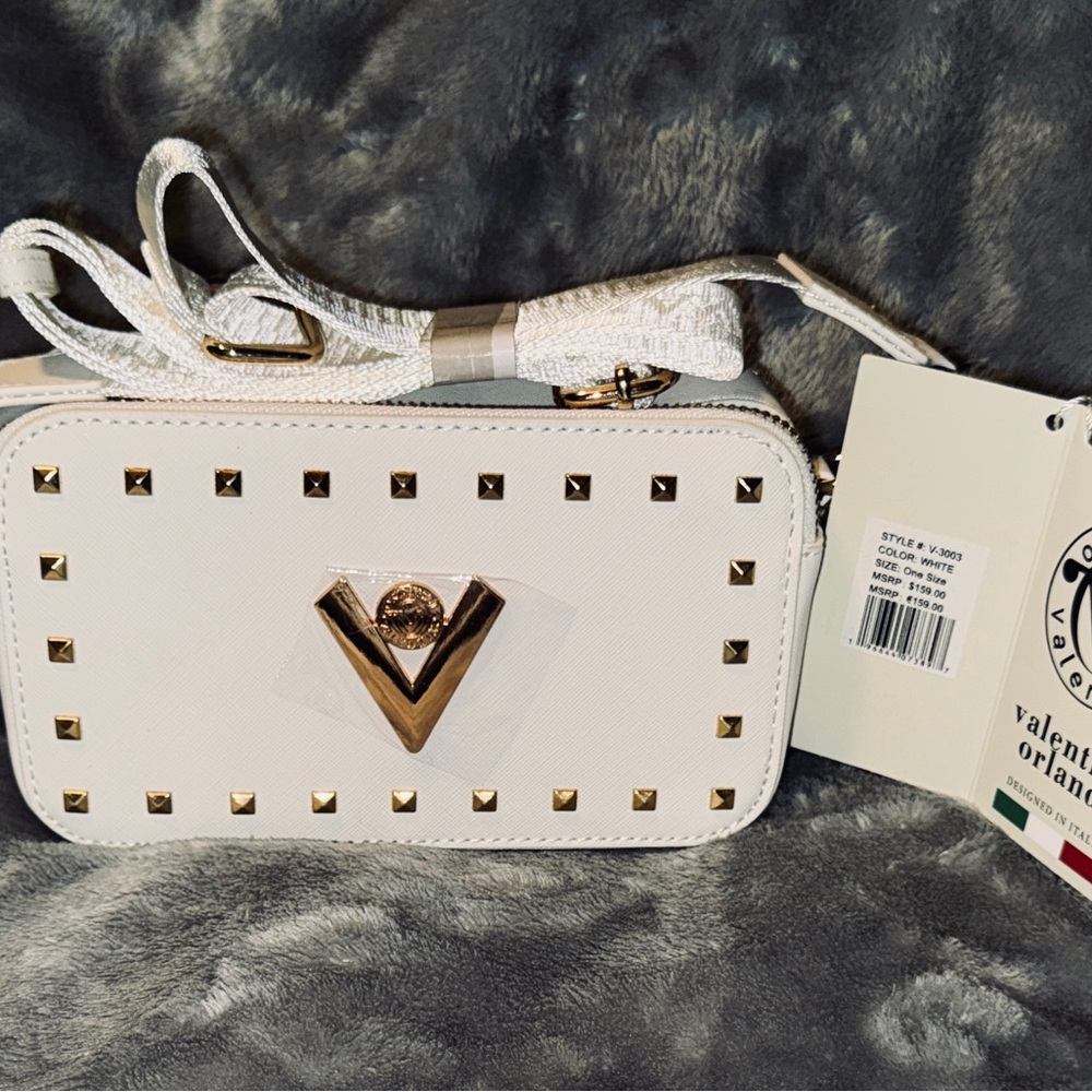 Valentino Orlandi White Studded Camera Bag Style Crossbody with Gold V Logo